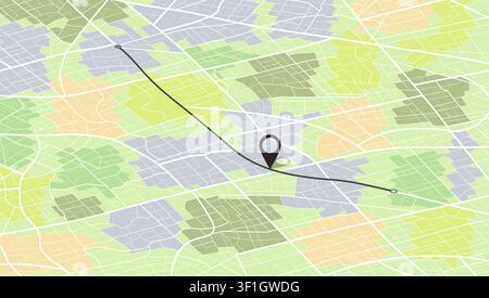 Location tracks dashboard. Isometric city street road. City streets and blocks, route distance data, path turns and destination tag or mark. Huge city Stock Vector