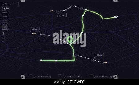 Route on the map. City street map with various points of interest. GPS tracking system to navigate and find way around the city landmarks, directions Stock Vector
