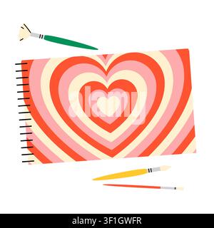 Cute sketchbook with heart pattern and paintbrushe Stock Vector