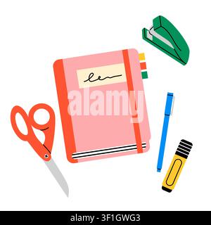 Pink notebook with office stationery vector icon Stock Vector