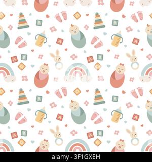 Cute seamless pattern with infant baby, toys, Blocks, bottle and rainbow. Child background with nursery items. Vector repeating texture for wallpaper, fabric, textile, for baby shower. Stock Vector