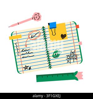 Open lined notebook with doodles and stationery  Stock Vector