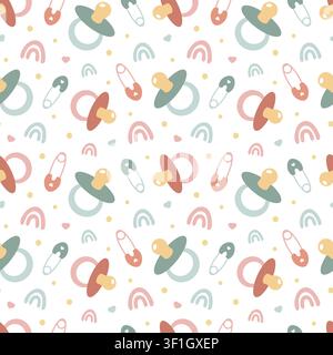 Seamless pattern with baby pacifier, safety pin, and rainbow. Cute background for newborn, nursery textiles, wrapping paper, and baby shower decorations. Decorative design with soft pastel color. Stock Vector