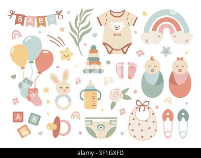 Set of Boho Baby Shower vector elements including clothing, toys, childhood items, nursery accessories. Cute newborn icons for celebration design, cards, invitations, birthday, childrens party. Stock Vector