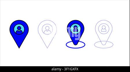 location tracker icon ,blue GPS pin with person symbol ,solid and outline user marker vectors Stock Vector