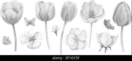 Abstract flower illustrations built from stipple dots Stock Vector