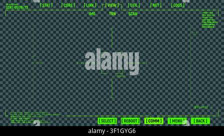 Retro futuristic green UI overlay in post apocalyptic style drone view crosshair on transparent background Stock Vector