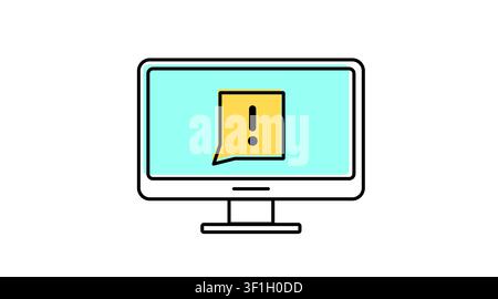 Desktop computer system warning icon: PC workstation displaying exclamation mark alert symbol on screen, modern offset color line art vector illustrat Stock Vector