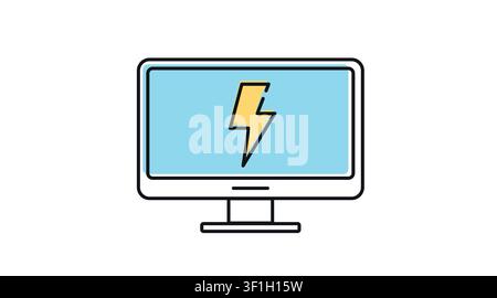 Desktop computer power and speed icon: PC workstation displaying lightning bolt performance boost symbol on screen, modern offset color line art vecto Stock Vector
