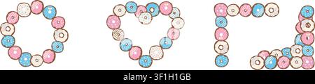 Colorful donuts with glaze, icing and toppings create cheerful edge. Donut frame ideal for birthday, greeting cards and celebration graphics. Stock Vector