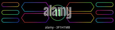 Modern glowing UI elements with bright LED borders and soft 3D light on dark background. Vibrant vector collection for neon action call banners, buy n Stock Vector