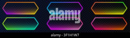 Vibrant blue, pink and green neon tag in compressed hexagon form with radiant outline. Ideal for neon action call signs, promo labels, game UI element Stock Vector