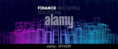 Tech city background with neon wireframe buildings. Abstract futuristic architecture ai finance and simple solutions. Concept digital smart infrastruc Stock Vector