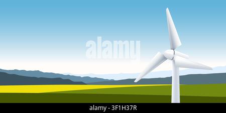 Wind turbine in a green landscape with mountains. Sustainable energy concept design. Vector illustration Stock Vector