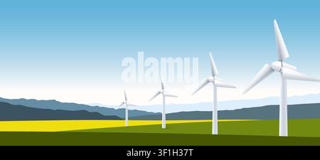Wind turbine farm in a green field landscape. Ecological power generation with wind mills. Vector illustration Stock Vector