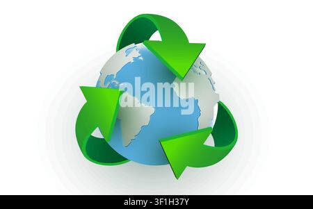 Recycle symbol surrounding a blue planet Earth globe. Ecological concept for environmental care. Vector illustration Stock Vector