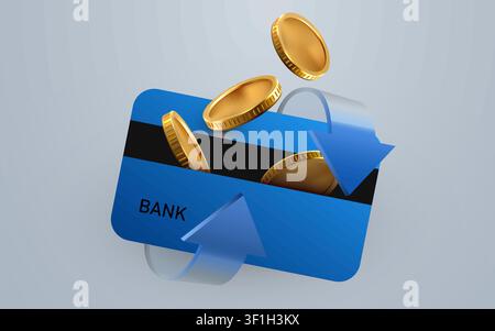 Cashback concept with credit card and flying coins. Financial transaction business design. Vector illustration Stock Vector