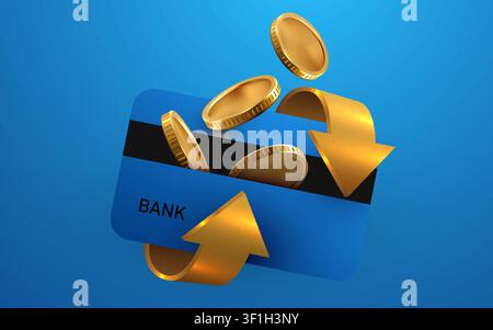 Cashback concept with credit card and gold coins, displaying savings and financial success. Vector illustration Stock Vector