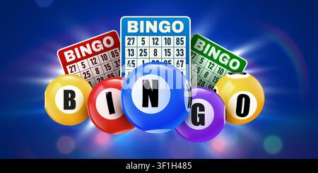 Bingo game cards and colorful lottery balls on a blue background for lottery and gambling. Vector illustration Stock Vector