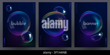 Minimal abstract posters with floating iridescent bubbles on dark background. Creative design. Vector illustration Stock Vector