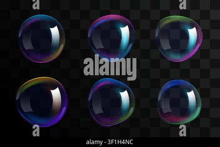 Set of colorful realistic soap bubbles on a dark background. Transparent glossy spheres. Vector illustration Stock Vector