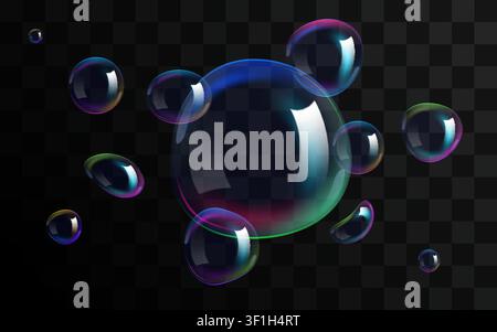 Floating transparent soap bubbles with rainbow reflections. Abstract design element on dark background. Vector illustration Stock Vector