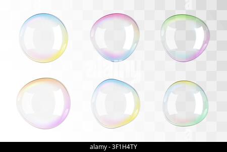 Set of realistic transparent soap bubbles with rainbow reflection. Colorful sphere element. Vector illustration Stock Vector