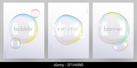 Minimalist iridescent bubble banner set. Modern abstract composition with glossy soap spheres. Vector illustration Stock Vector