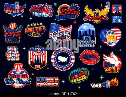 Retro Y2K American USA stickers and vintage US patch labels, vector set. American stickers or pin badges with US flag and America map with eagle, cowboy hat and Made in USA quote in retro Y2K style Stock Vector