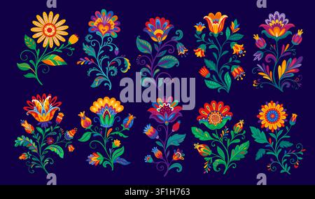 Mexican folk flowers and plants, Mexico floral pattern and ethnic embroidery ornaments vector elements. Cartoon bright color flowers and leaves with traditional otomi and talavera folk art patterns Stock Vector