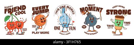 Cartoon y2k groovy t shirt prints and stickers with funny coffee cup, cherries and basketball ball characters. Retro groovy funky bomb with wick and y2k happy sport foam finger mascots stickers set Stock Vector