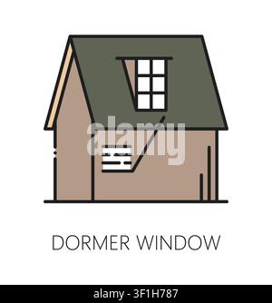 Home roof dormer window installation line icon or label. Property roofing renovation service symbol, house construction thin line vector icon. Cottage dormer window repair outline sign or pictogram Stock Vector