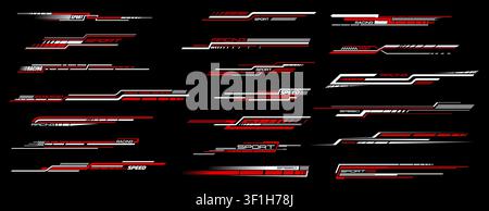 Race car decal and stickers, racing sport labels, motorsport emblems. Vector arrows, checkered flags and stripes. Rally car, team uniform, motorsport decal elements. Red white stickers for motorcycle Stock Vector
