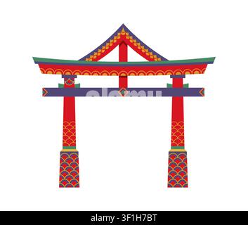 Traditional Japanese torii pagoda gate icon. Asian palace temple archway with vibrant red pillars, colorful scale patterns and ornate tiered roof for casual mobile gaming interface Stock Vector