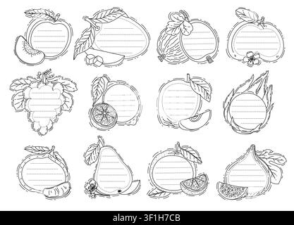 Tropical fruits for kids memo note frames or message sticker labels, vector outline templates. Kids memo notes for to do list planner or message sticky post with mango, apple or orange and lemon fruit Stock Vector