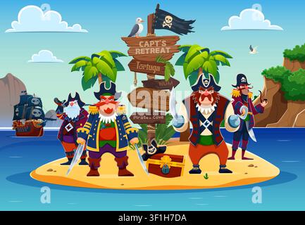 Cartoon pirate captain and crew sailors characters standing on small Caribbean island. Adventure scene with treasure chest, wooden signpost, palm trees and pirate ship for book illustrations Stock Vector
