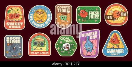 Groovy hippie label stickers, funny characters retro patches. Cartoon cute y2k apple fruit, sun and coffee personages patch badges set. Funky groovy stickers with happy watermelon, cherry and balls Stock Vector