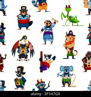 Animal and bird pirate characters seamless pattern with lion and raccoon, panda, koala and eagle, beaver and mantis. Vector tile background with cartoon corsairs wearing tricorn captain hats and props Stock Vector