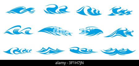 Blue sea wave icons, ocean surf and tsunami symbols. Vector water waves and splashes, abstract blue river flow and stream with foam and ripples. Summer sea beach surf and tide isolated icons set Stock Vector