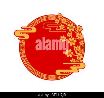 Oriental Chinese and Asian round frame or divider. Chinese culture red frame, Asian aesthetic decorative vector border. Oriental festive banner with sakura golden flower, clouds and geometric ornament Stock Vector