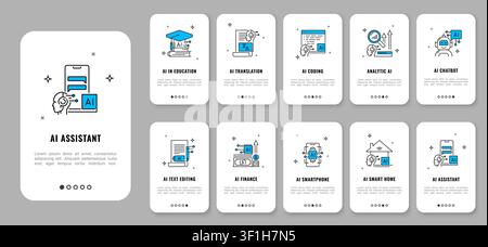 Mobile app onboarding screen, artificial intelligence, AI technology line icons. AI chatbot and assistant, coding and analytics, finance and education onboarding screens UI for application development Stock Vector