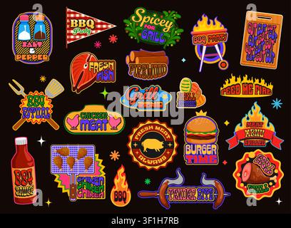 Retro y2k barbeque meat stickers, vintage bbq patch labels featuring food icons, grilling tools, flames, and catchy slogans. Vector badges emphasize BBQ culture, meat varieties, and cooking excitement Stock Vector