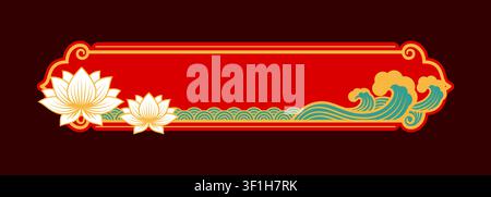 Oriental banner with Japanese and Chinese festive or Asian decorative ornament frame, vector design element. Oriental red banner with frame of lotus flowers and sea waves in Chinese or Japanese art Stock Vector