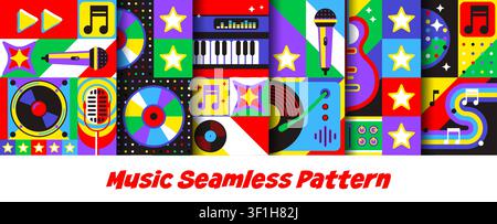 Musical seamless patterns with geometric mosaic ornament. Music tile backgrounds with microphones, vinyl records, CDs and guitars, piano keys, speakers and musical notes for upbeat retro pop rhythm Stock Vector
