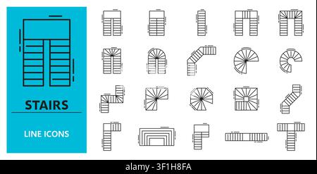 Top view stair icons including straight, L shaped, U shaped, spiral, curved, winding and T shaped staircase layouts. Monochrome outline floor plan staircase icons for architectural software Stock Vector