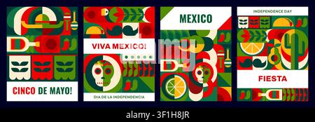 Mexico holiday posters with geometric mosaic pattern. Mexican Cinco de Mayo, Day of Dead and Independence Day of Mexico fiesta food, guitar, maracas and sombrero, cactus, sugar skull, flags pattern Stock Vector