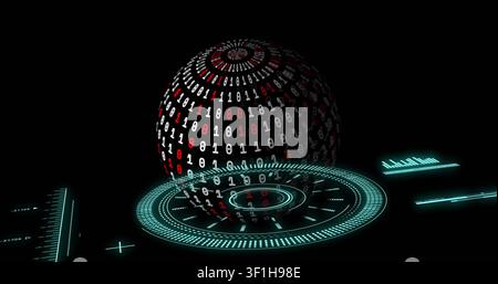 Sphere descending and rotating over tech HUD causing scanning rings and aligning binary for scan Stock Photo