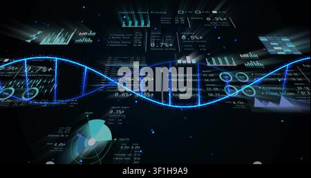 Vertical image: Data feed initiating glowing blue helix forming from left and revealing tech charts Stock Photo