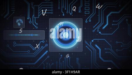 When waveform bar activating, central HUD brightening, pulsing, rotating rings visualizing data Stock Photo