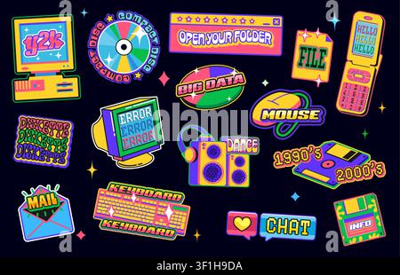 Retro computer y2k groovy stickers, vintage technology patch labels with vector desktop pc computer, mobile phone, mouse and keyboard. Retro y2k browser window, email and chat message bubble stickers Stock Vector